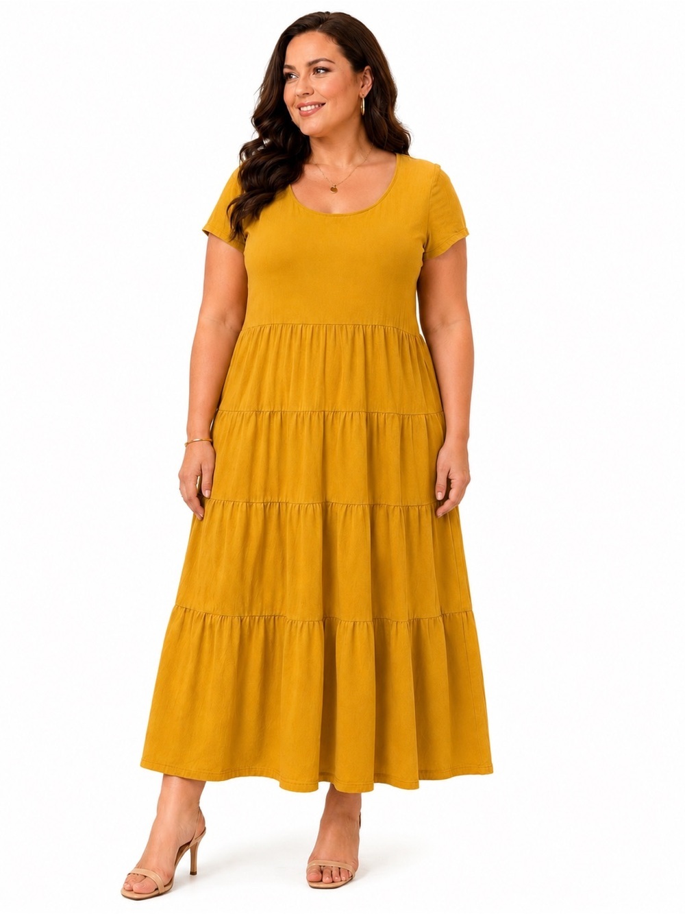 Anthropologie Mustard Tiered Short-Sleeve Maxi Dress